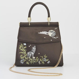 Wolf & Moon Embroidered Charcoal Satin Tote