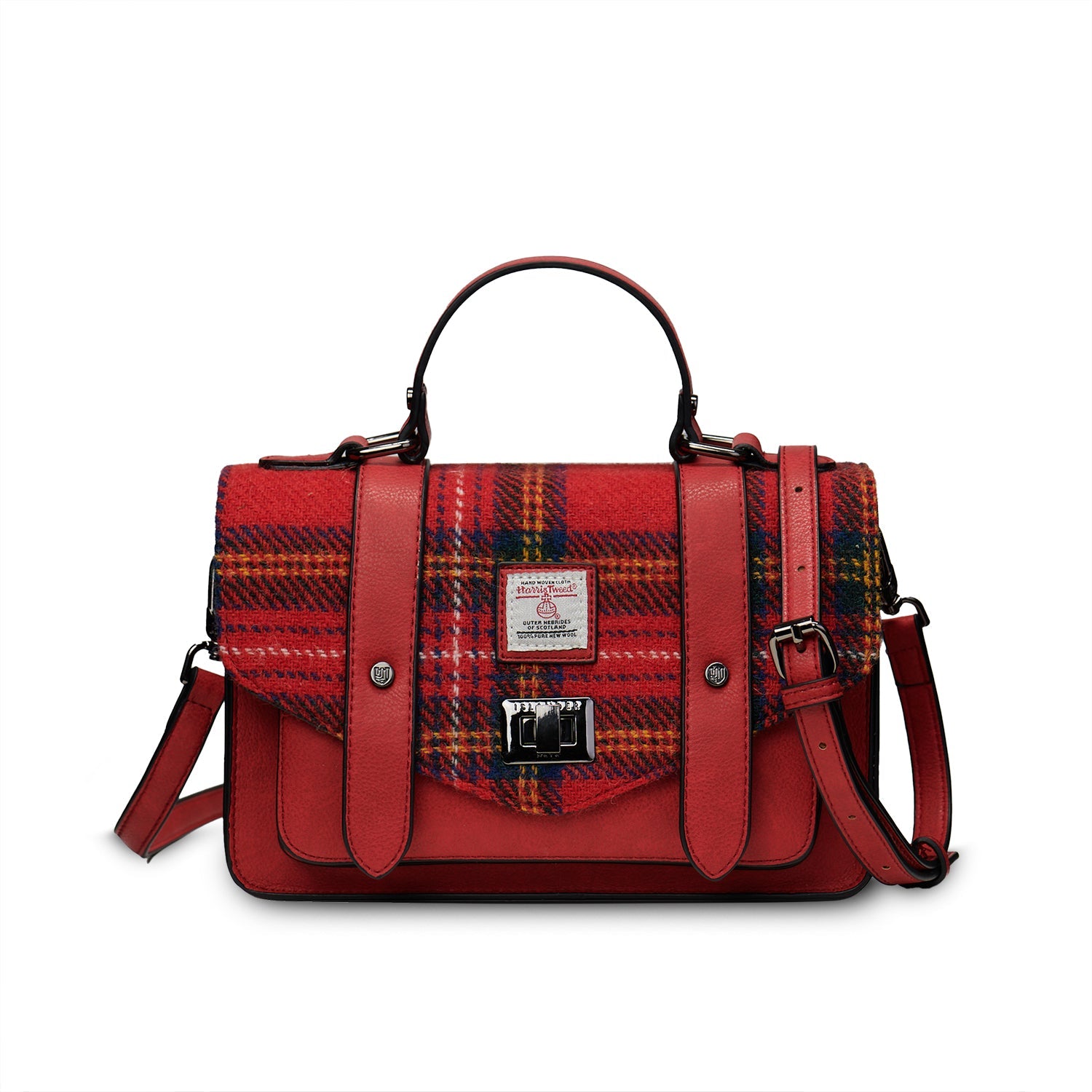 Red plaid handbag with leather straps on a white background