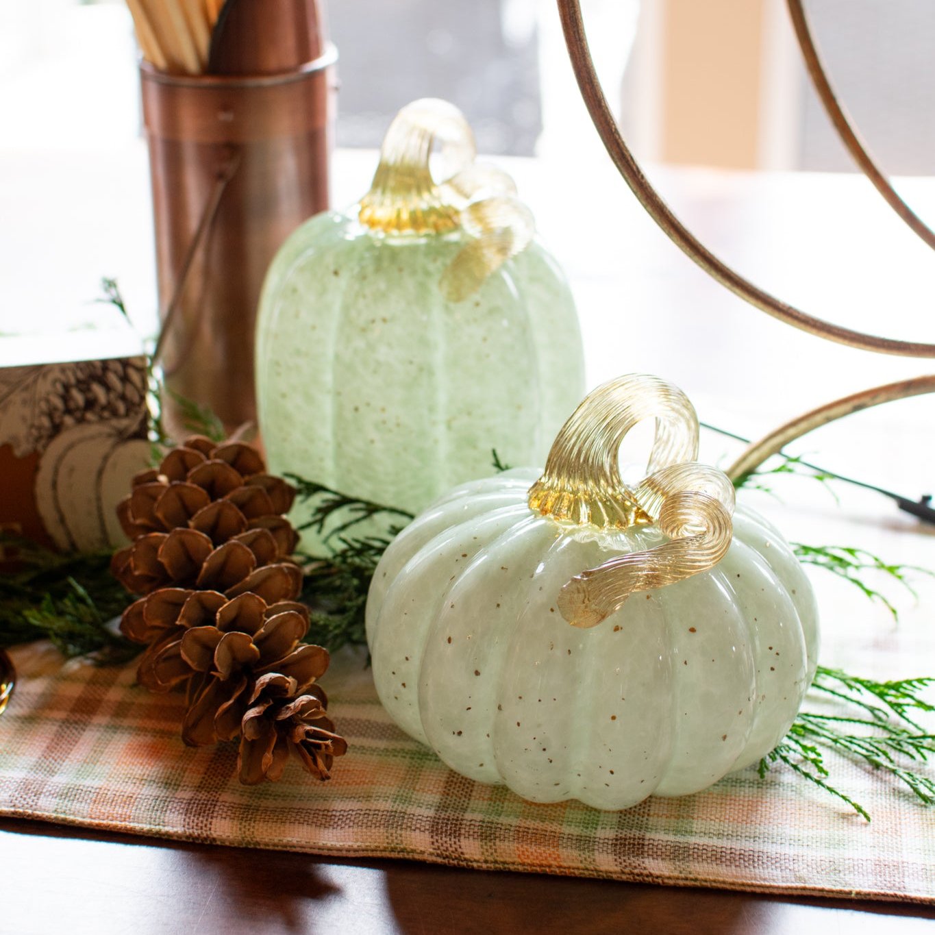 Blown Glass Teal & Gold Pumpkins