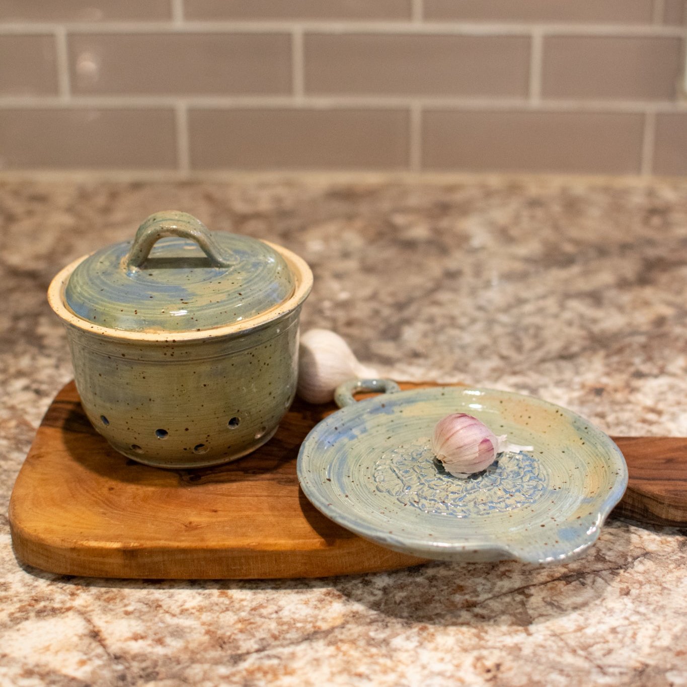 Garlic Storage Jar & Grater Gift Set - Lagoon - Handcrafted Pottery