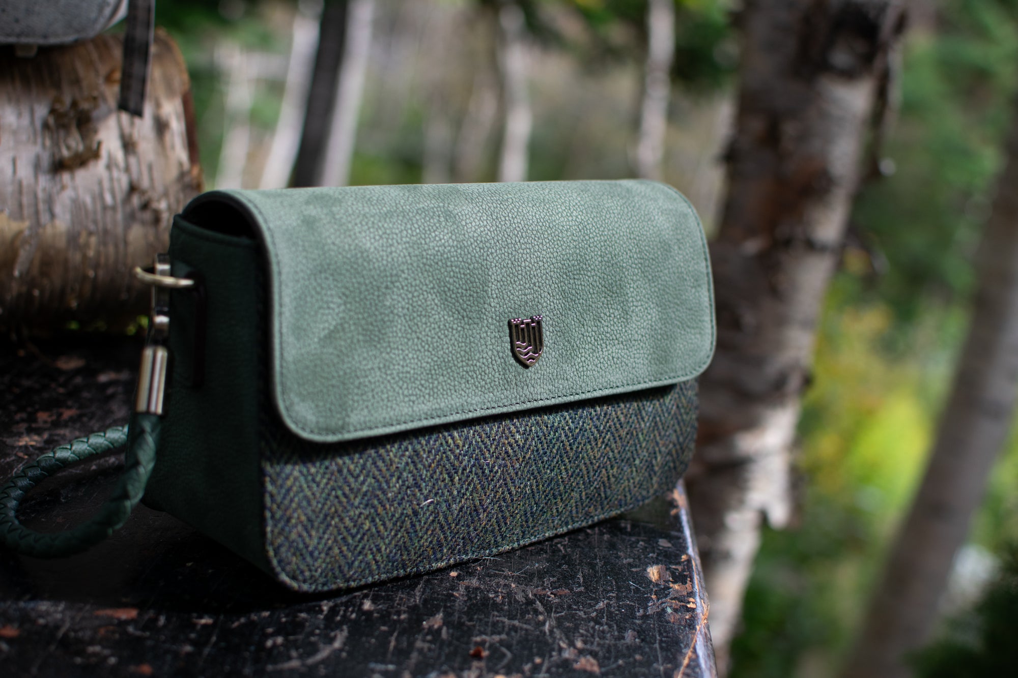 The Caithness Clutch - Dark Green Herringbone - Genuine Leather