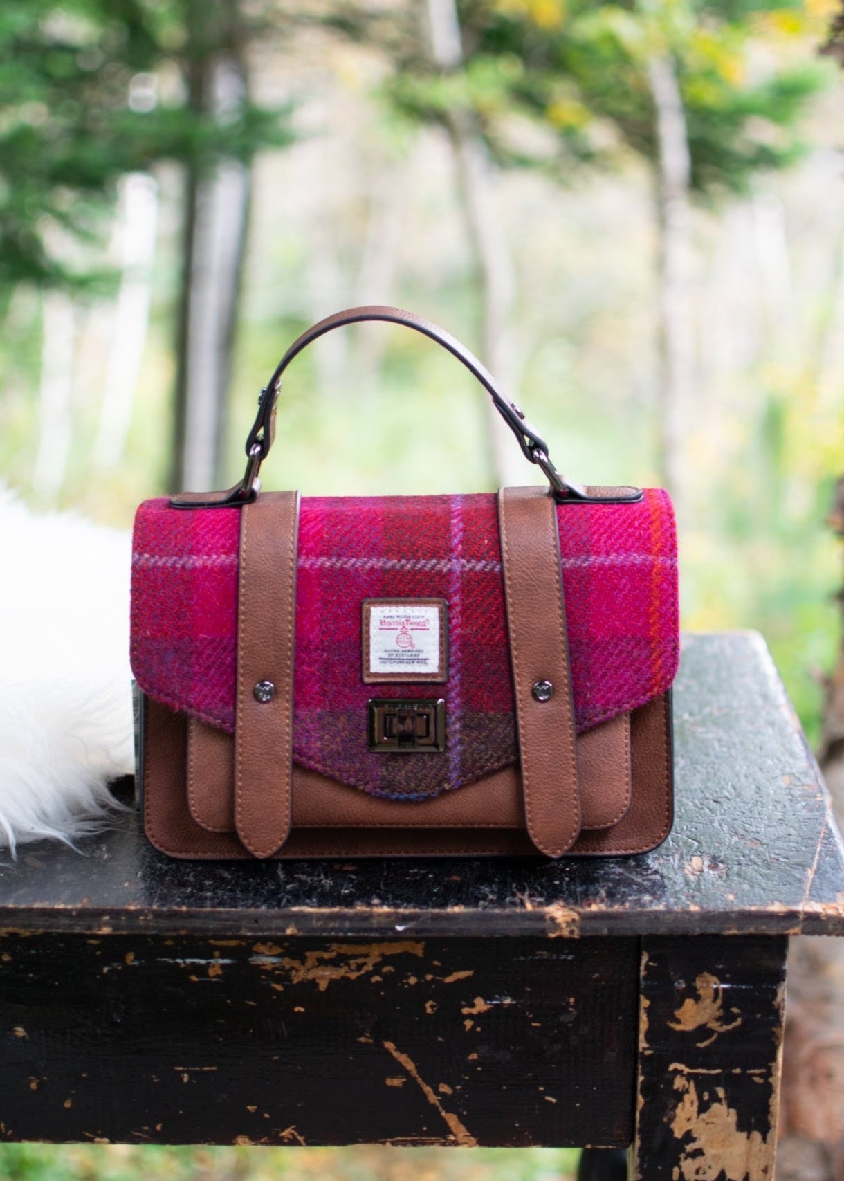 Pink and brown checkered bag on a wooden table with a forest background
