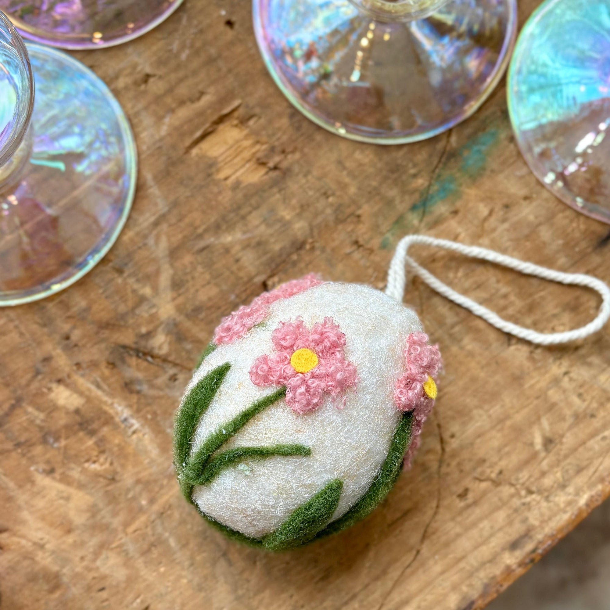 Felt Egg Ornament - Green and Pink Flowers