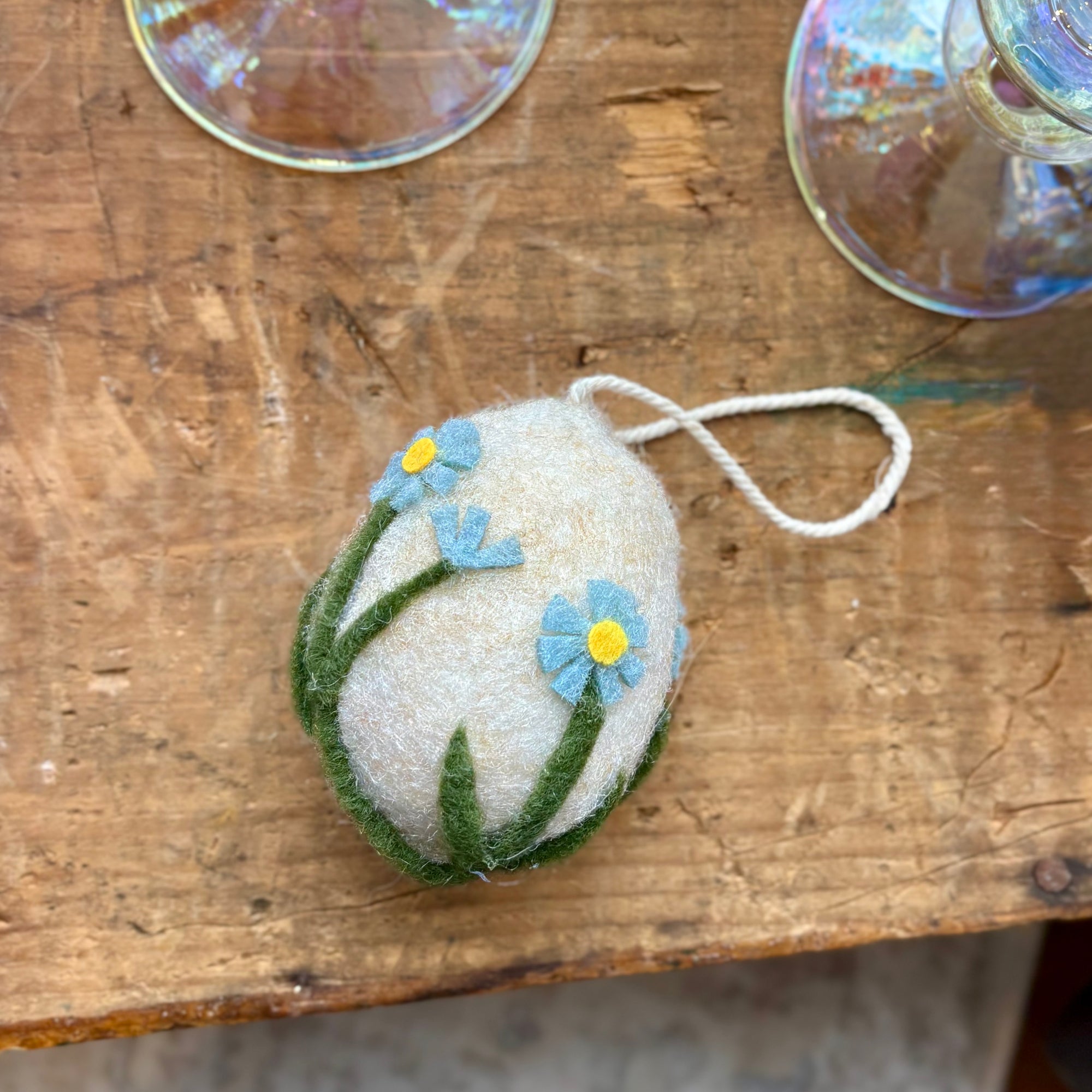 Felt Egg Ornament - Green and Blue Flowers