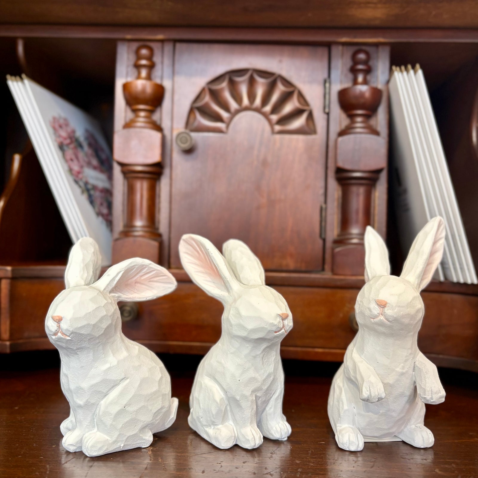 White Carved Bunny Figurines
