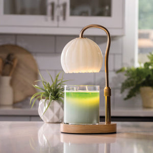Milk Glass Candle Warmer Lamp - Gold & Wood