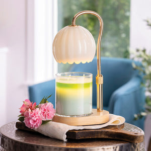 Milk Glass Candle Warmer Lamp - Gold & Wood