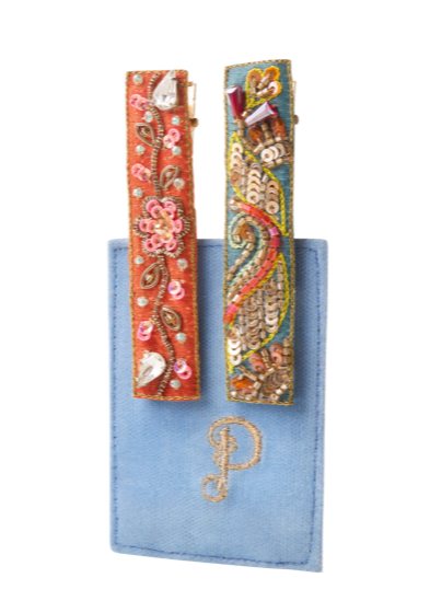 Embroidered Bar Hair Clips - Tangerine Floral Vines/Teal Festival