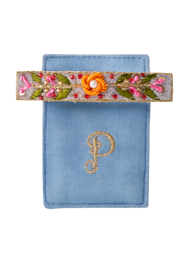 Embroidered Barette - Denim Floral Vine