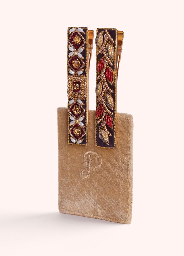 Embroidered Bar Hair Clips - Diamond Flower & Leaves