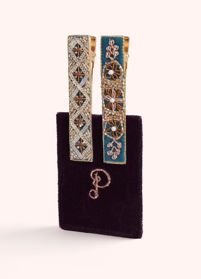 Embroidered Bar Hair Clips - Diamond & Flower Trio