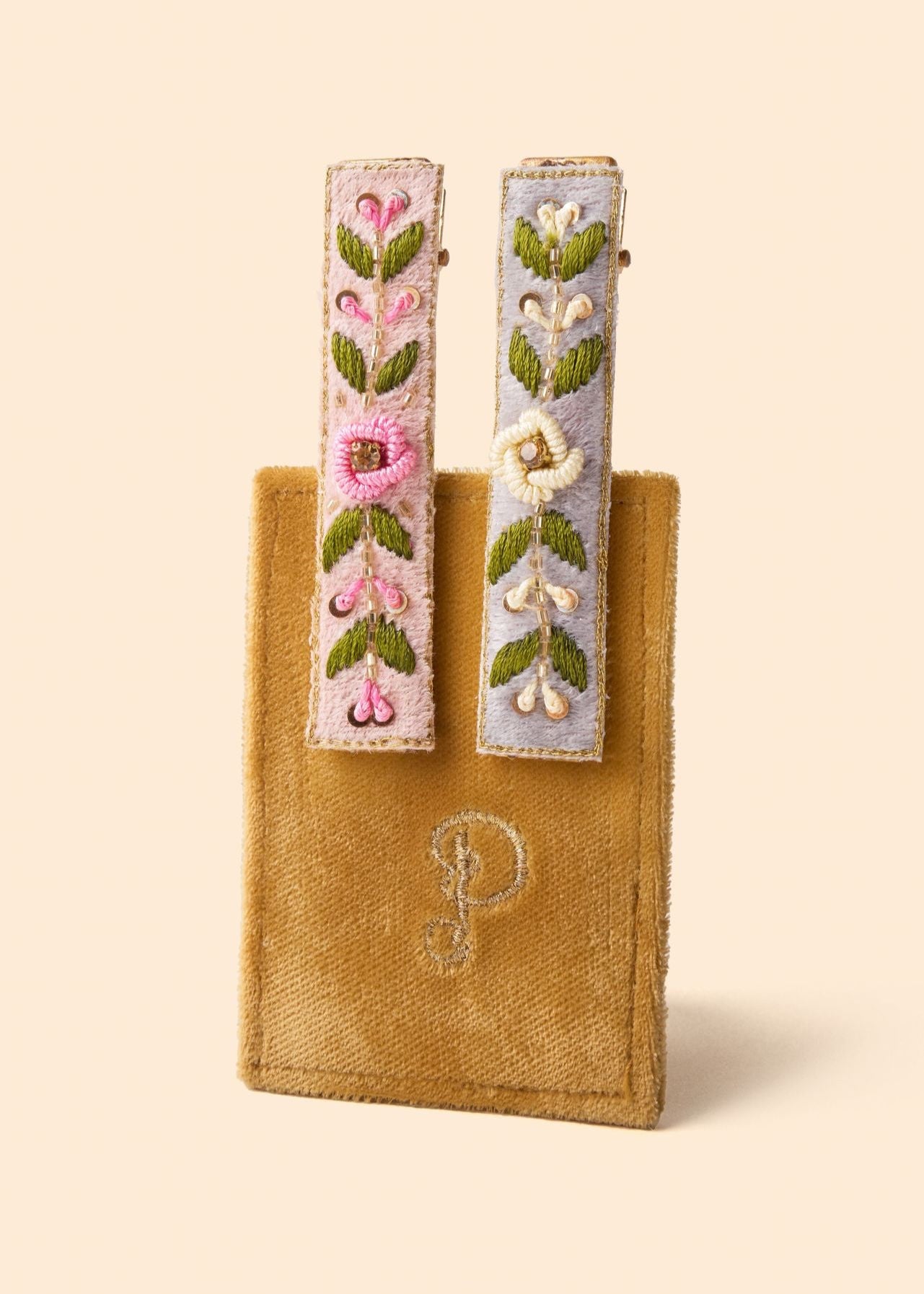 Embroidered Bar Hair Clip - Petal/Powder Blue Floral