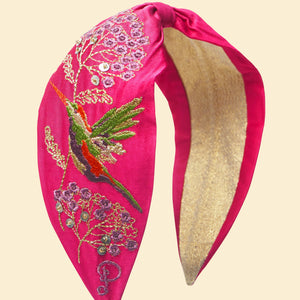 Hummingbird in Raspberry Satin Embroidered Headband