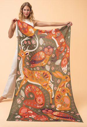 Printed Folk Art Forest Scarf